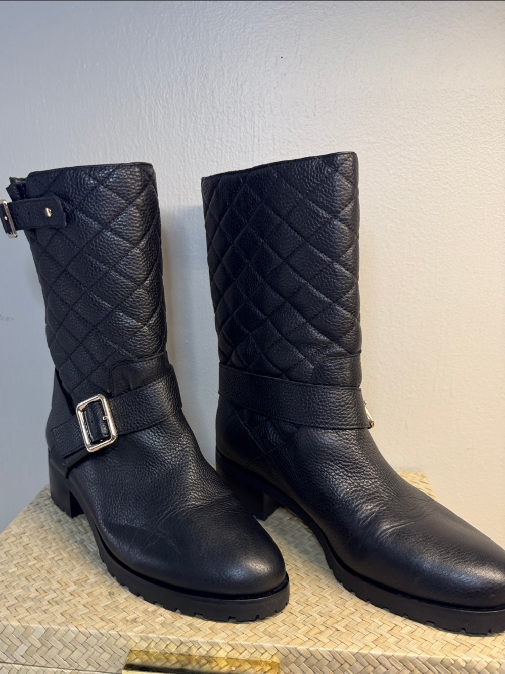 White House Black Market Black Quilted Mid-Calf Buckle Boots. WHBM